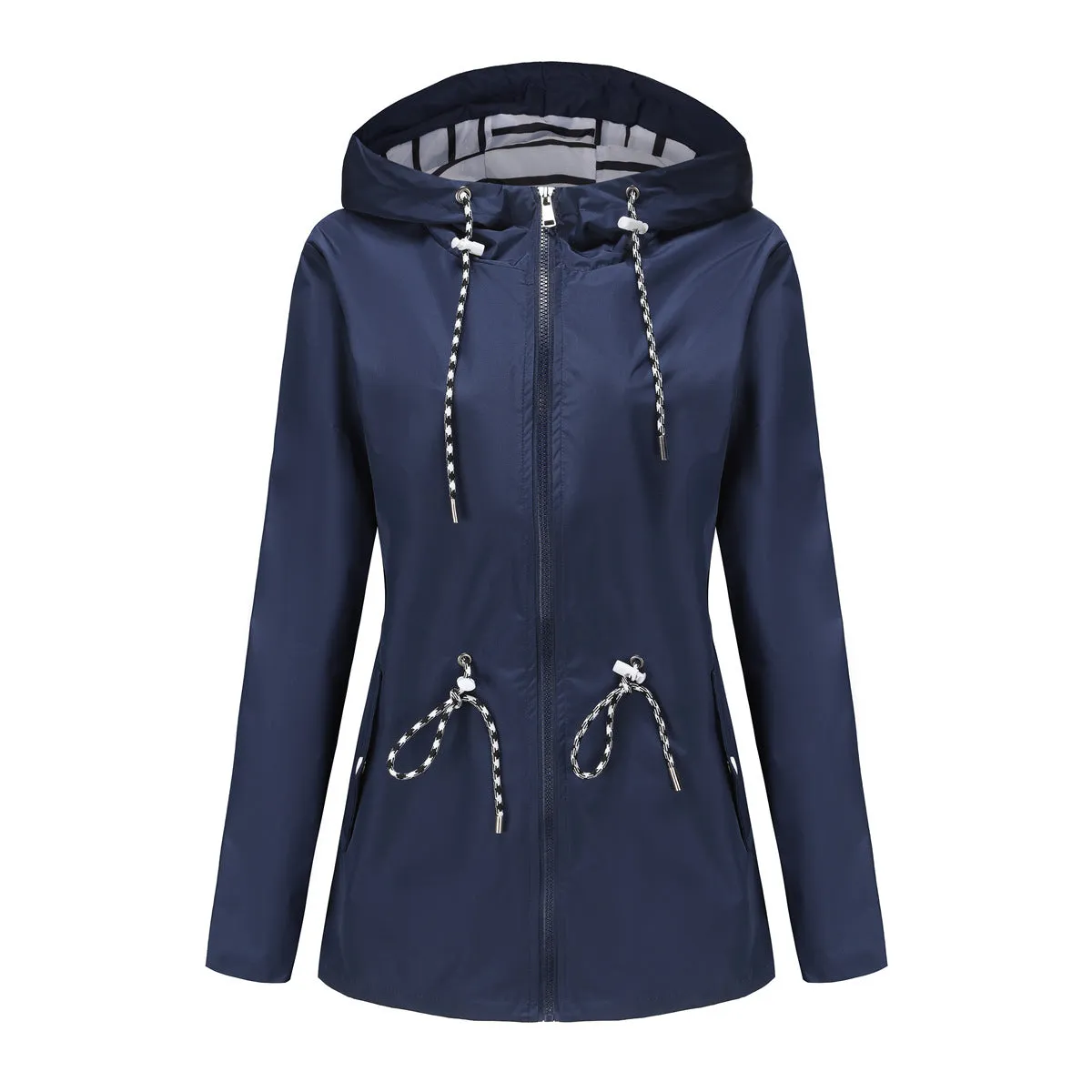 Women's Long-sleeved Waterproof Mid-length Trench Hooded Striped Coats