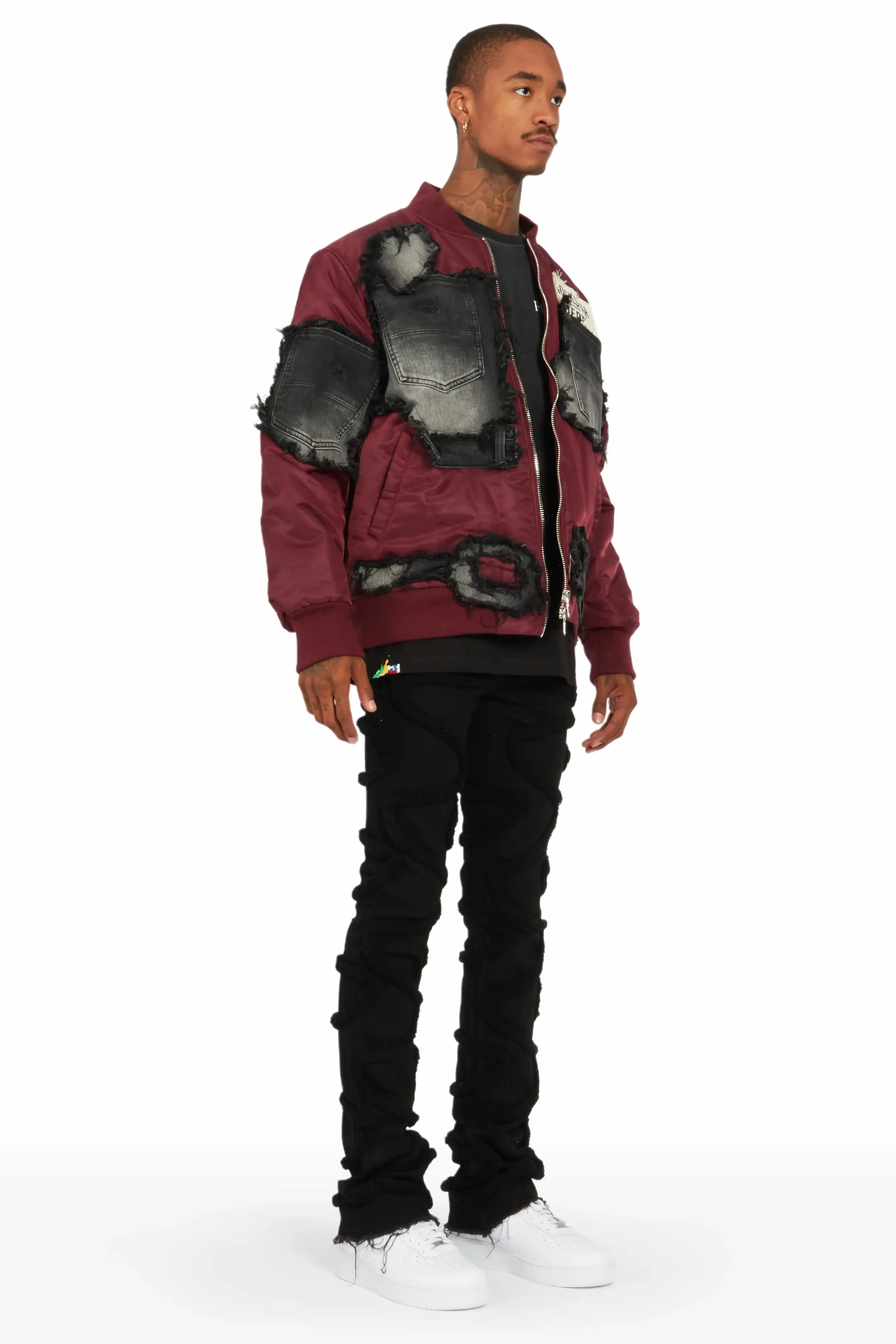 Xylo Burgundy Patchwork Bomber Jacket