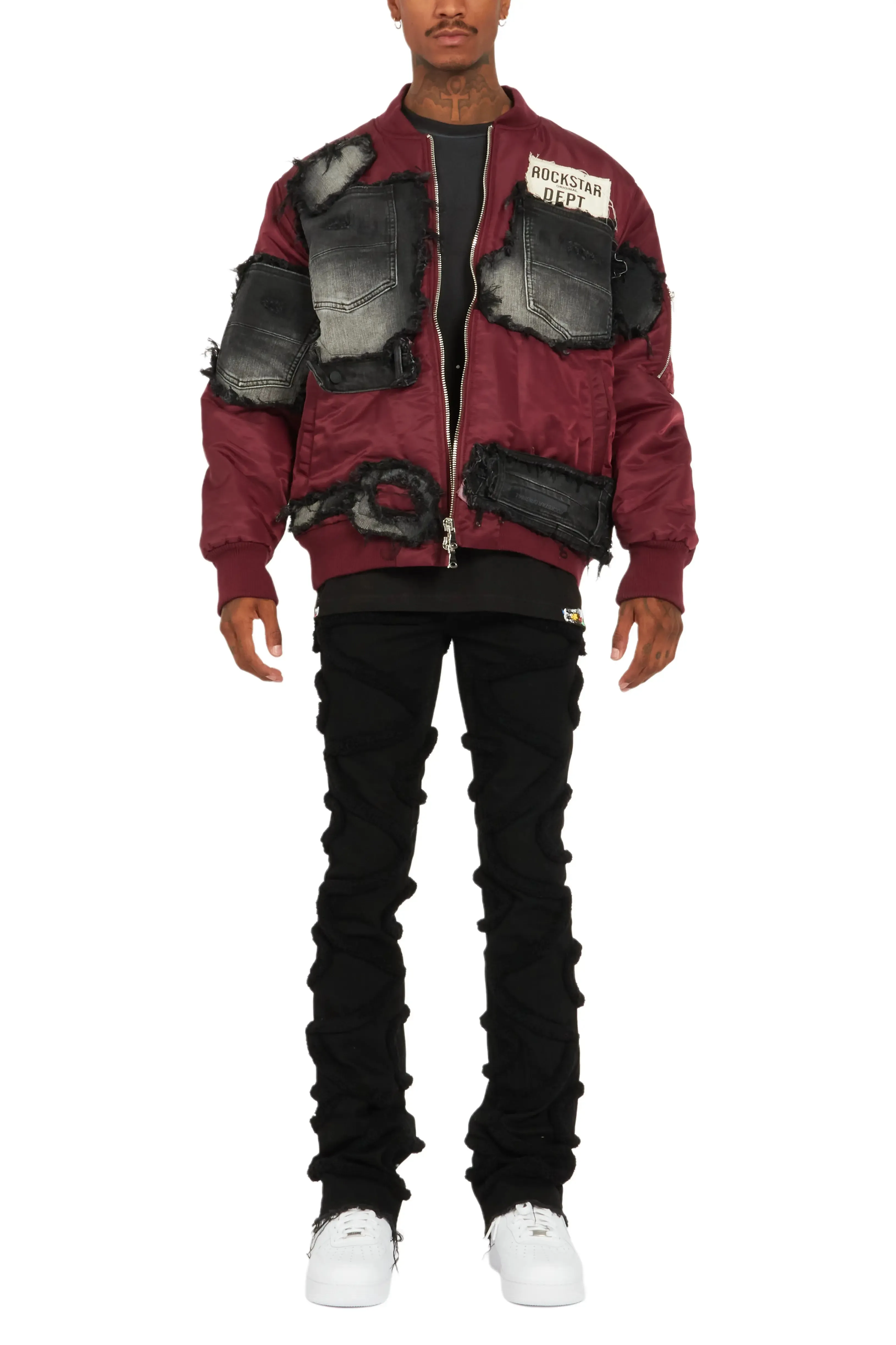 Xylo Burgundy Patchwork Bomber Jacket