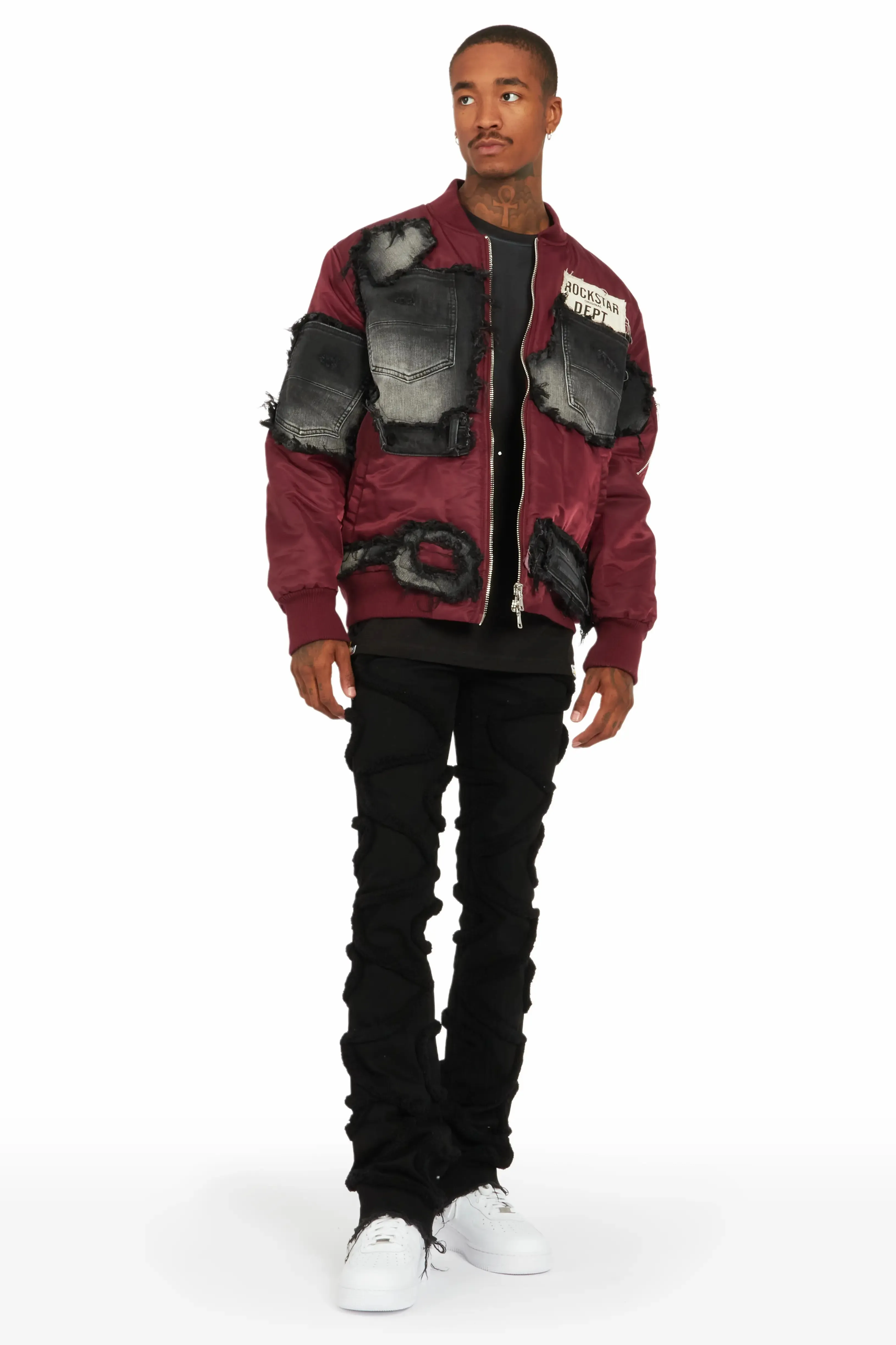 Xylo Burgundy Patchwork Bomber Jacket